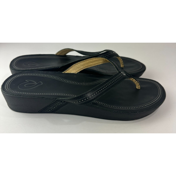 Olukai Ola Full Grain Leather Flip Flops Black Slides Women's Size 10 Sandals - Picture 10 of 14